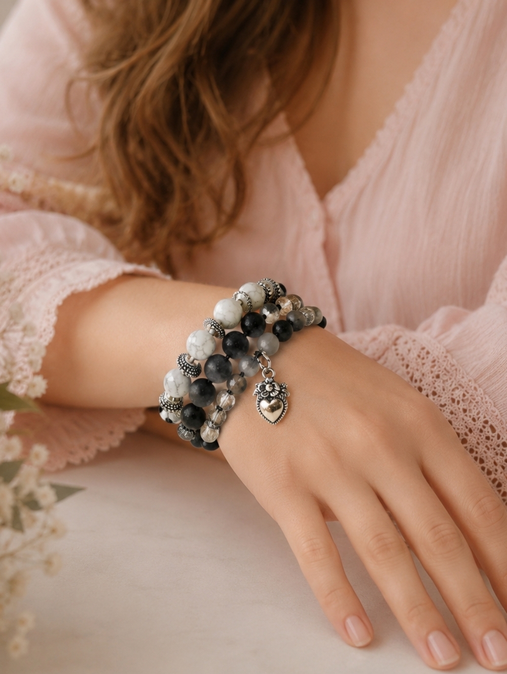 Hand Crafted Black & White Beaded Bracelet Stack with Heart Charm
